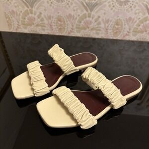 Staud Maya Slide Sandals Ivory Leather Ruched Strappy Preppy 36 6 Vacation